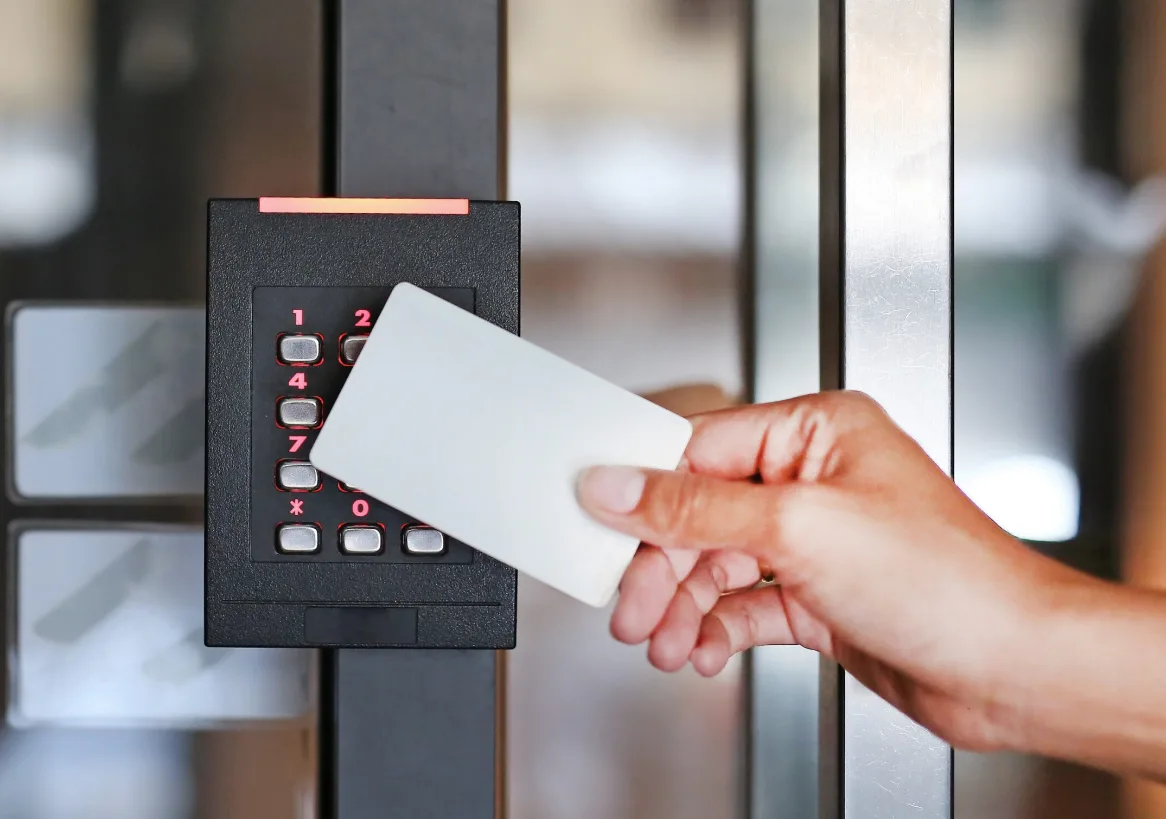 Multi-door commercial access control installation with card readers and electric locks
