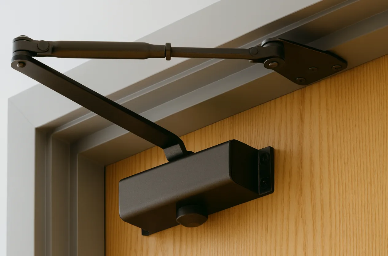 Commercial door closer installation by Triton Locksmith on office building entry in South Florida