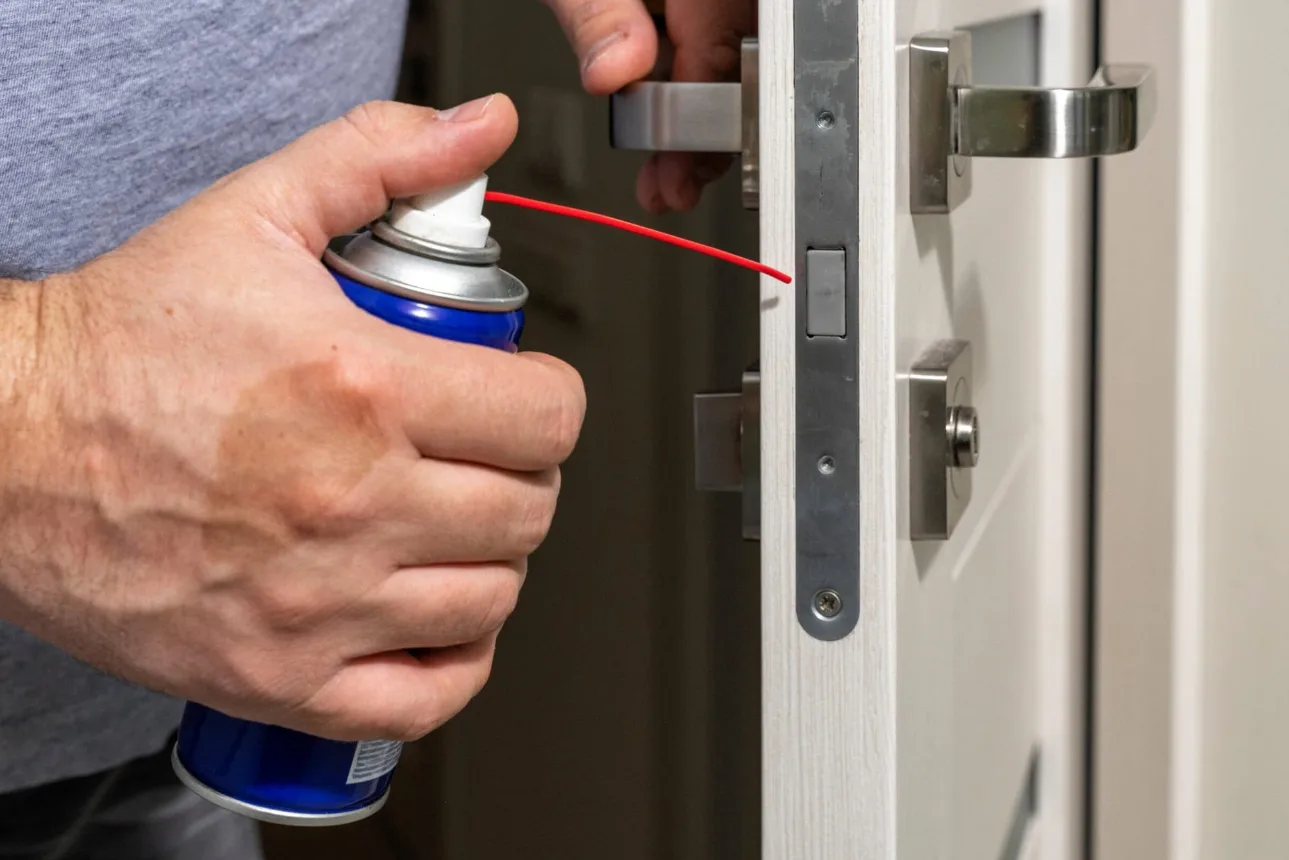 Locksmith lubricating commercial cylinder during scheduled maintenance visit in South Florida